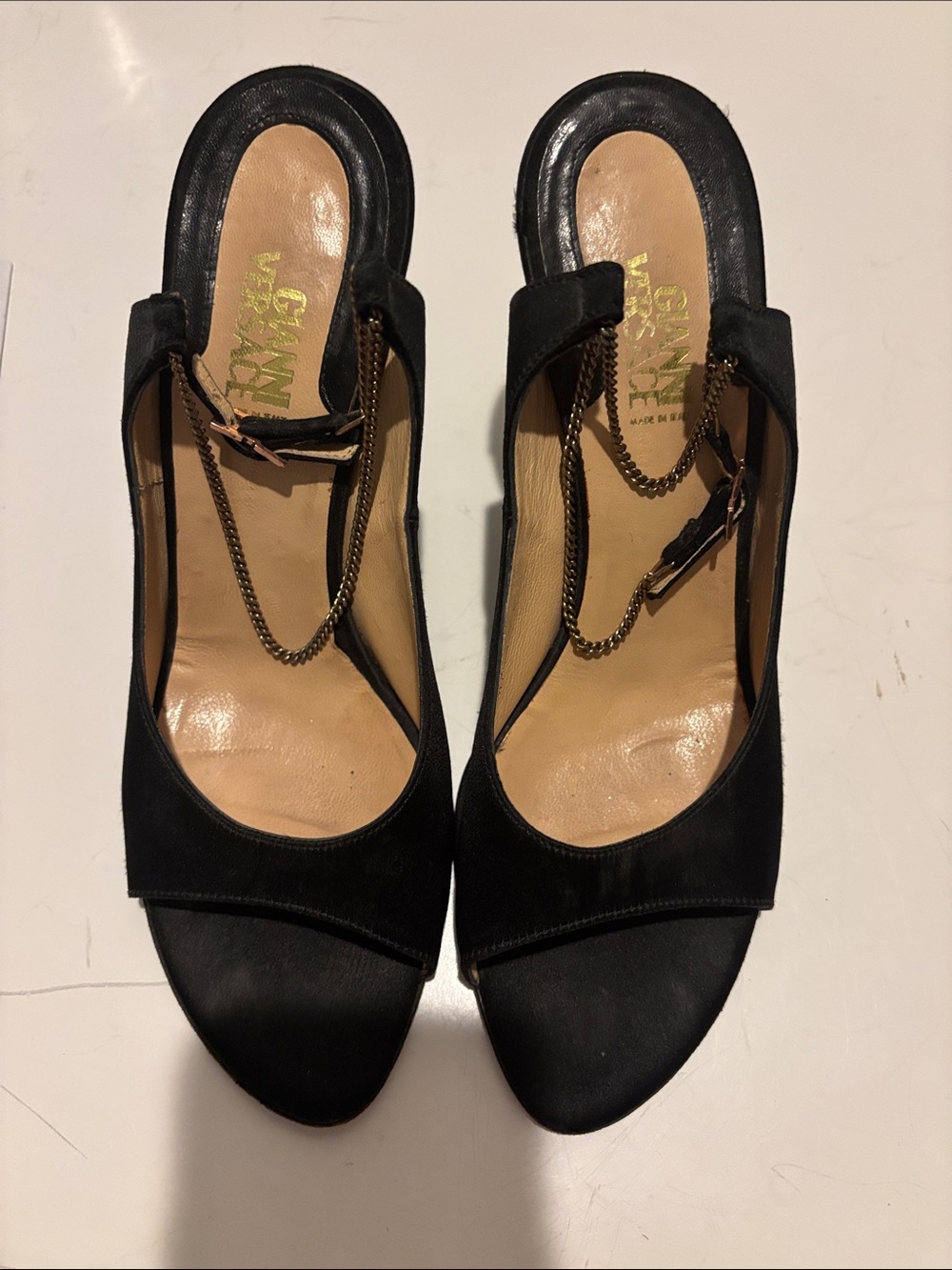 Versace Black Open-Toe Slingback Heels with Gold Chain